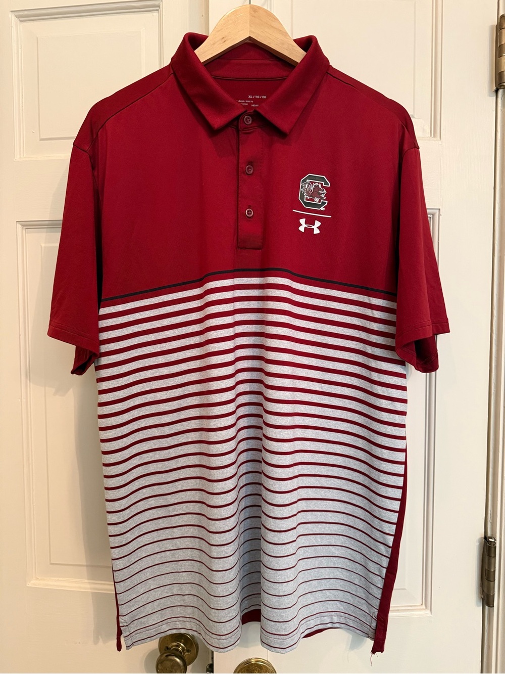 Under Armour Men's Garnet and White Striped South Carolina Polo